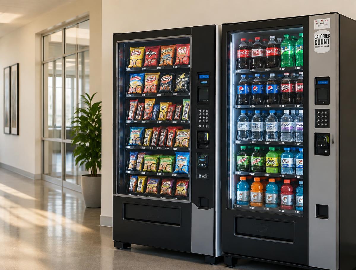 Snack and beverage vending machines in a workplace corridor